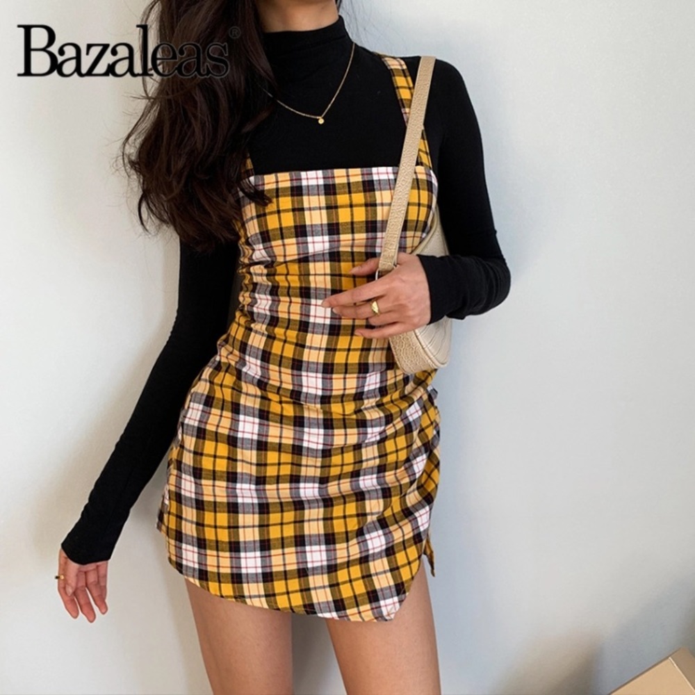 Yellow plaid mini dress